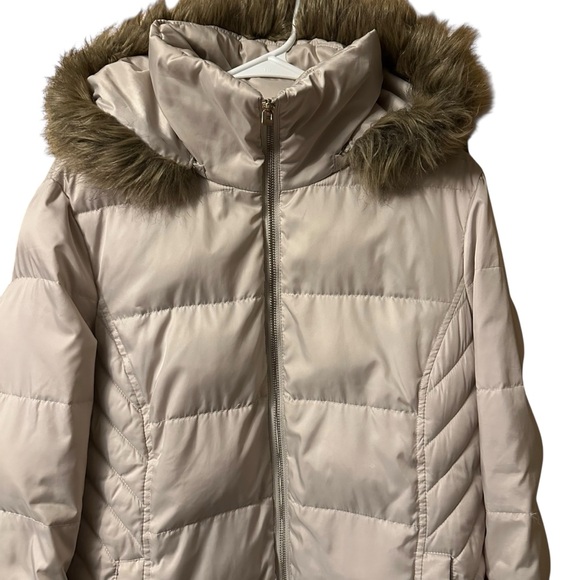 Kenneth Cole Reaction Down Quilted Long Winter Coat Cream Faux Fur Hood L - Picture 9 of 9